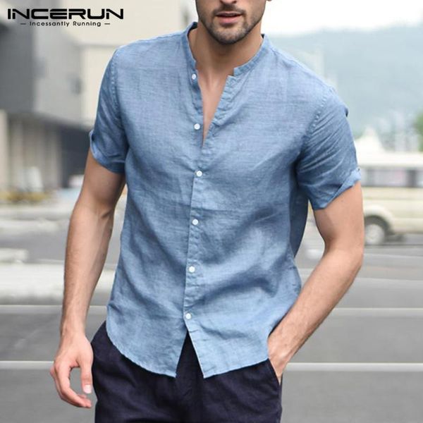 

incerun fashion short sleeve men shirt stand collar solid color streetwear summer camisa masculina men casual brand shirts1, White;black