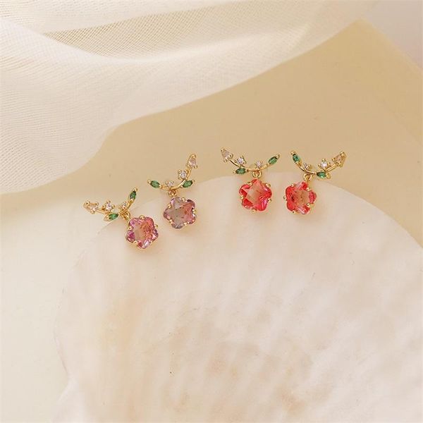 

2020 korean style boutique zircon gradient pink purple flower crystal elegant women's earrings fashion plum blossom twig jewelry, Silver