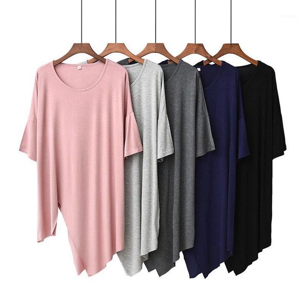 

summer new ladies loose tee solid color nightwear large size women irregular round neck t-shirt comfort modal loose homewear1, Black;red