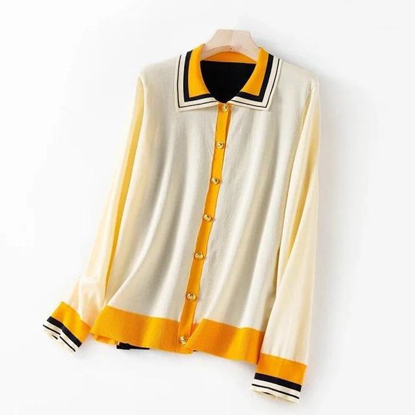 

women sweater 2020 spring and summer new white yellow black contrast color lapel knitted cardigan1