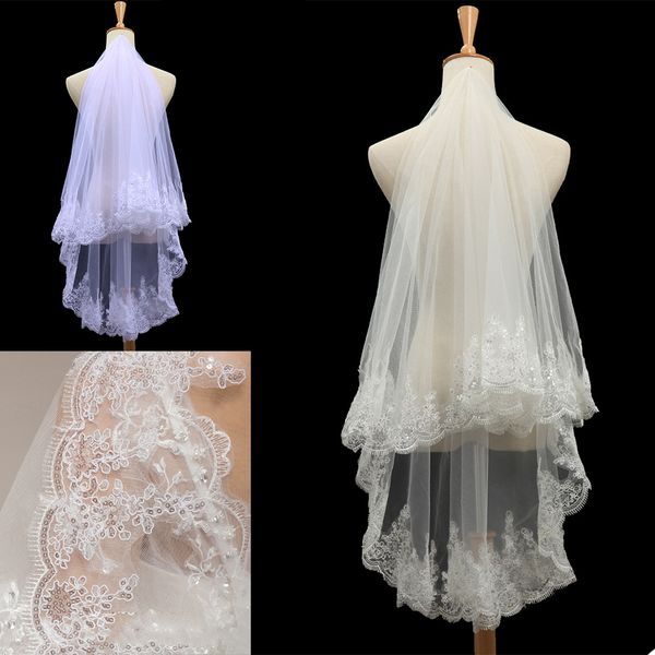 Simple White Ivory Wedding Veils uma camada Lantejoulas Lace apliques de noiva curto Prom nupcial Xaile Wraps Acessórios com Comb