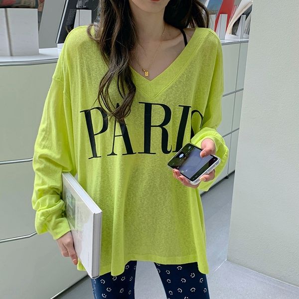 

zrraq screen red letter net t-shirt sleeve printed long net loose women 2020 large new korean t-shirt casual autumn v-neck thin oal5a, White