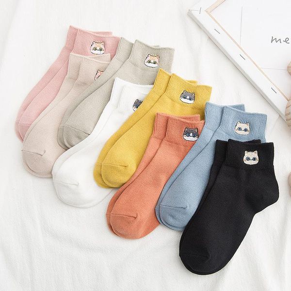 

thin section low cut short tube cotton socks female spring and summer socks japanese cotton cute kitten embroidery1, Black;white