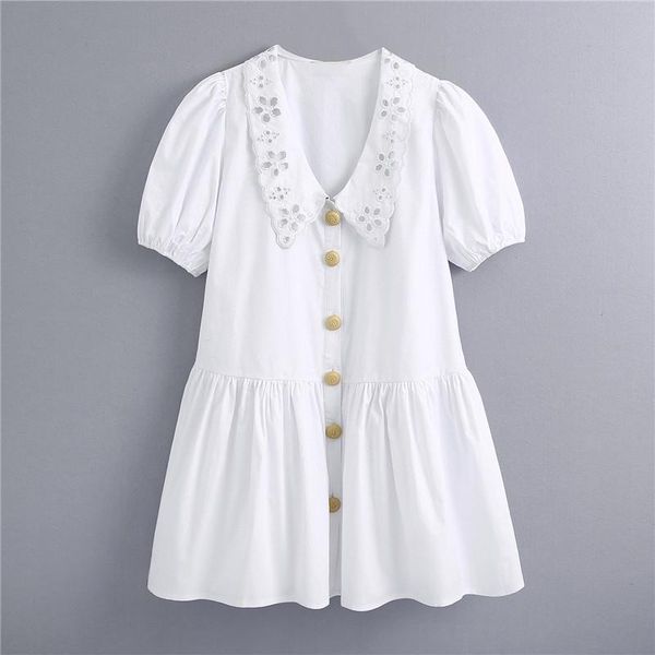 

sweet white hollow out pleated women dress fashion lapel collar puff sleeve female dresses preppy style vestidos mujer, Black;gray