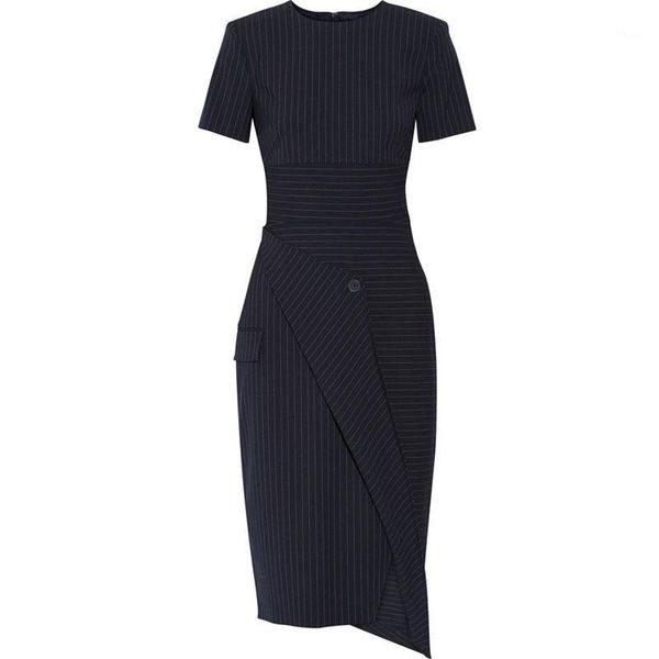 

ewq] summer stripped slim office lady asymetrical slit dresses 2020 new women runway designer elegant chic dress1, Black;gray
