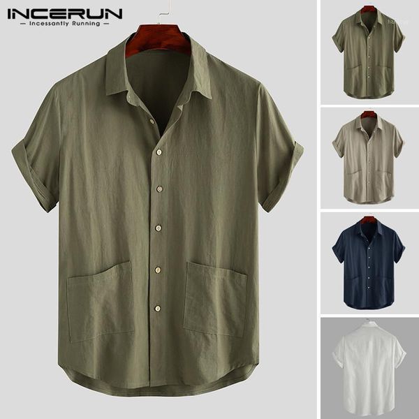

incerun solid color shirts man short sleeve lapel shirt casual cotton loose blouse men pockets button up breathable camisa s-3xl1, White;black