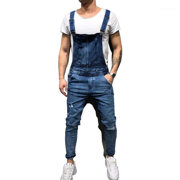 

men's jeans moruancle fashion men's hi street ripped bib overalls streetwear distressed denim jumpsuits suspender pants with holes, Blue