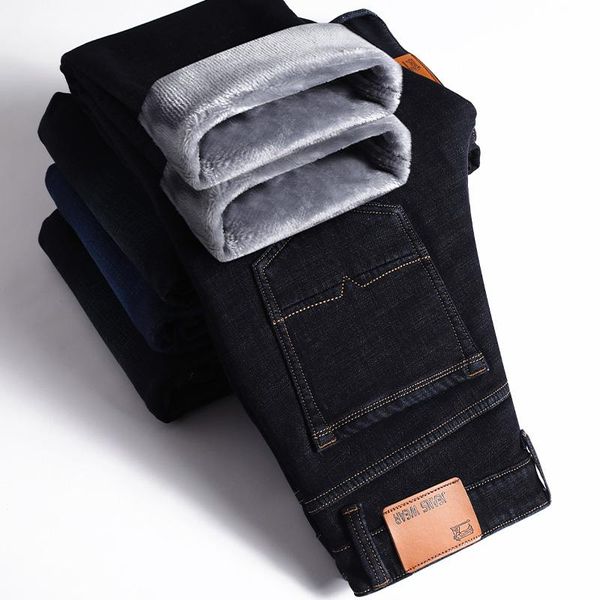 

men's flannel lined slim fit straight black jeans winter thicken warm business stretch jeans, Blue