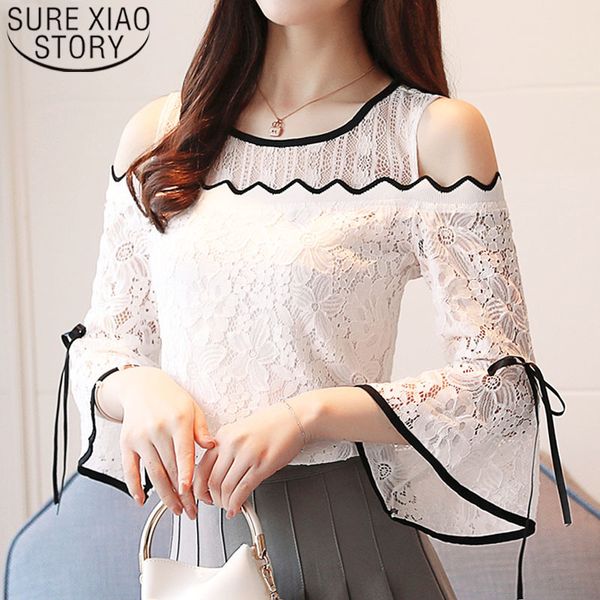 Mulheres Moda Roupas Lace Chiffon Stitching Blusa Flare Manga Top Lace Blouse Mulheres Strapless Sexy Senhoras Tops D597 30 201130