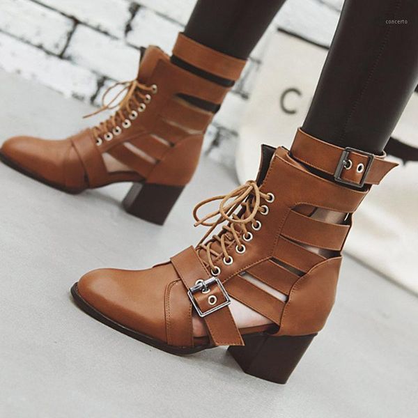 

women block heels sandals spring summer booties woman fashion gladiator sandals buckled punk shoes ladies lace up club sandalias1, Black