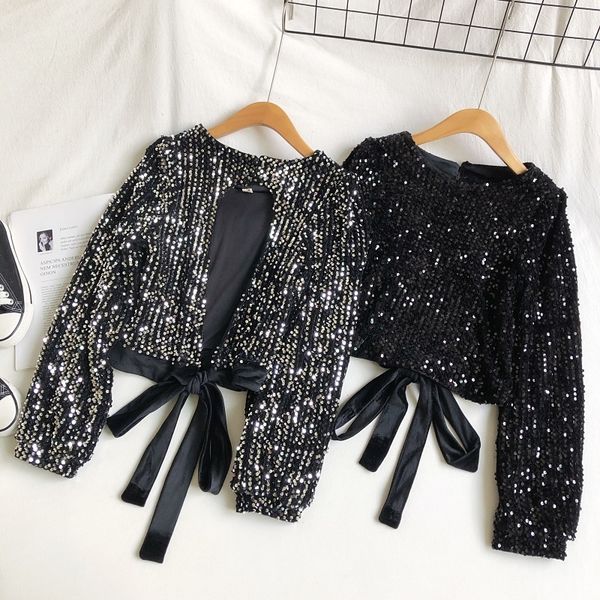 

gagarich women chic blouses korean new shinny sequins o neck long sleeve ladies bow lace up backless short shirts 201201, White