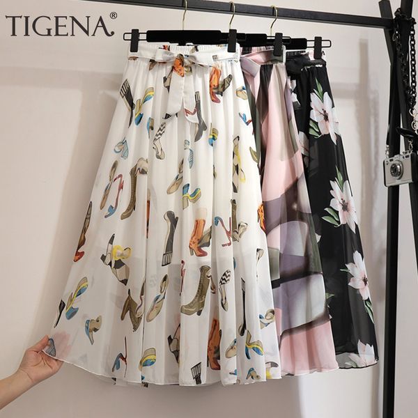 

tigena long pleated chiffon skirt women fashion 2020 summer big hem high waist floral print holiday boho beach skirt female 1014, Black