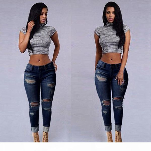 

feitong 2017 women skinny jeans ripped holes denim pants high waist stretch slim destroyed knee pencil jeans female trousers, Blue