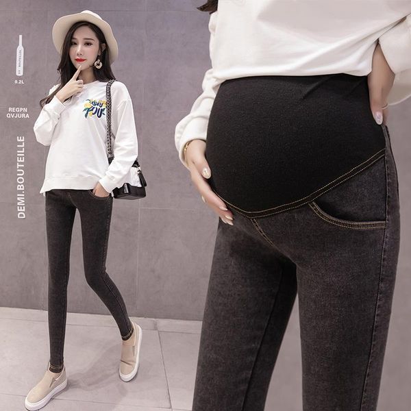 

washed stretch denim maternity skinny jeans adjustable belly pencil pants clothes for pregnant women pregnancy trousers, White