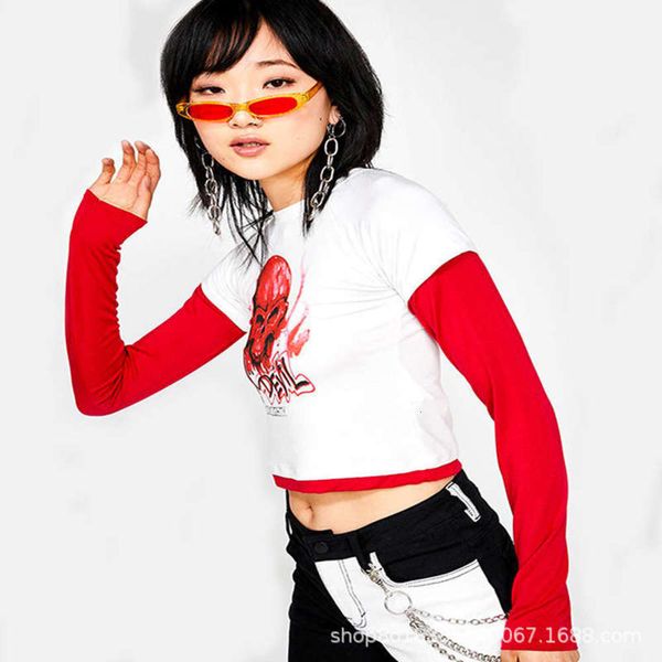 

women 2020 new spring fake long two piece sleeve splicing skull head t-shirt fashion, Black;gray