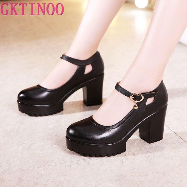 

gktinoo autumn square heels platform pumps leather high heels elegant office lady pumps round toe party shoes women, Black