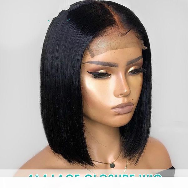 

shows shine 4x4 lace closure wig human hair pre plucked bleached knots short bob brazilian remy wigs 150% density for women black sloverosa, Black;brown