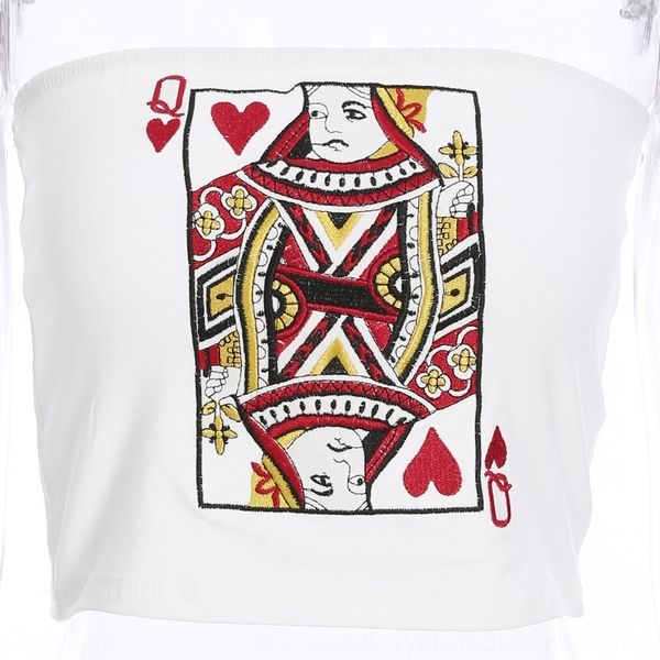 

4jkxy 2020ins women's wrap creative embroidery playing q card chest embroidered poker pokerslim open navel t-shirt for women edwn5, White