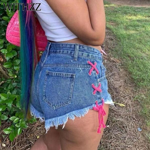 

withzz spring summer women's jeans ripped tie rope female denim shorts, Blue