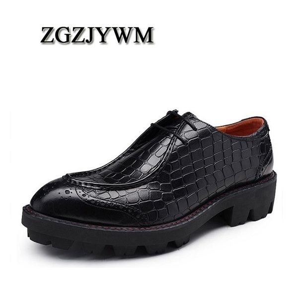 

zgzjywm new fashion crocodile design handmade genuine leather lace-up pointed toe thick soles business dress men oxford shoes, Black