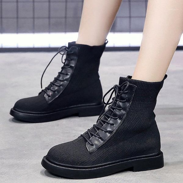 

shoes woman fashion boots women's mesh stretch fabric lace-up ankle bare boots casual short tube booties1, Black