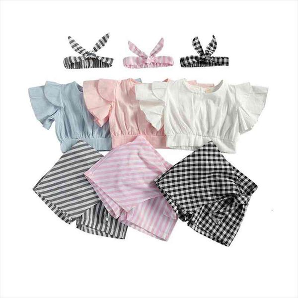 

fashion infant baby girls clothes sets 3pcs ruffles flying sleeve t shirts striped plaid shorts headband 1-5y, White