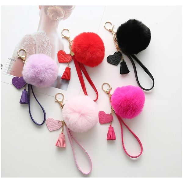 

new fluffy rabbit fur ball key chain with leather heart tassel pompom key ring holder for women bag car jewelry pendant f bbydka, Slivery;golden