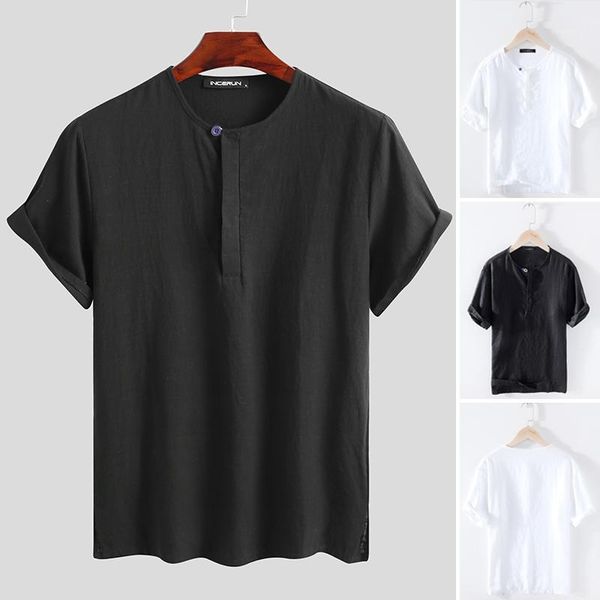 

men's casual shirts incerun summer cotton shirt men solid color round neck breathable 2021 short sleeve blouse streetwear harajuku cami, White;black
