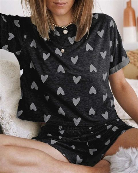 

women's new two piece heart print short sve shorts home set, Black;gray