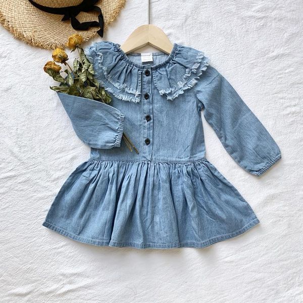 

0-5y girls jeans dress kids baby girls denim jeans one piece princess dress long sleeve 112101, Red;yellow