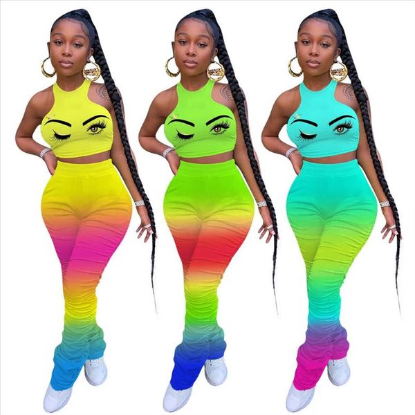 

женщины двухструктура набор трексец tain tops gradient stacked flare jogger брюки костюма sporty fitness night club 2 pcs outfit, Gray