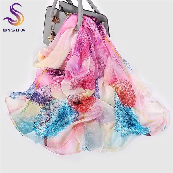 

bysifa] blue pink dandelion chiffon scarves echarpes ladies new spring autumn long 100% silk shawl women neck scarf y201007, Blue;gray