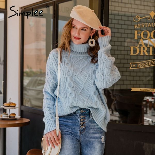 

simplee knitted turtleneck sweater autumn winter batwing long sleeve female short sweater ladies loose blue pullover jumpers 201030, White