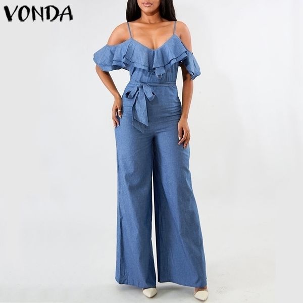 

vonda women playsuits summer rompers club demin overalls female loose wide leg long pants plus size s-5xl trousers y200422, Black;white