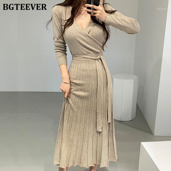 

bgteever v-neck belted knit dresses women full sleeve slim waist chic female sweater dresses women a-line vestidos 20191, Black;gray