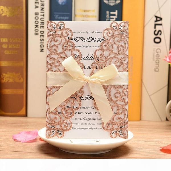 

100pcs laser cut rose with burgundy ribbons glitter wedding greeting invitations cards for wedding bridal shower engagement