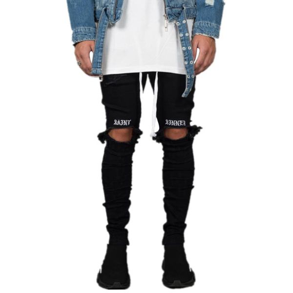 

men skinny jeans knee hole ripped jeans street style ;etter printed male elasticity slim frayed pants casual trousers men, Blue
