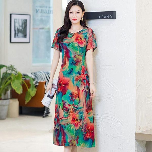 

summer middle-aged women plus size dress loose comfortable floral print casual dress o-neck short sleeve long beach 5xl1, Black;gray