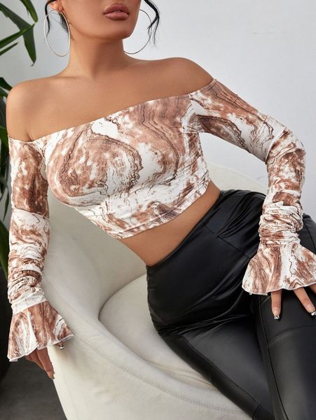 

sxy graphic print crop bardot v3un#, White