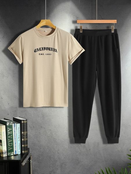 

men letter graphic tee & sweatpants c1si#, Gray