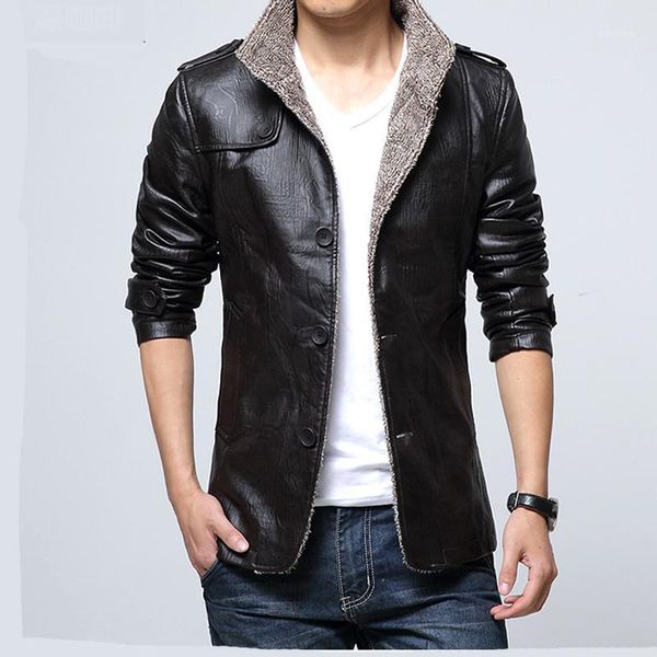 

winter men's pu leather fashion casual comfortable jacket men's warm pure color plus velvet stand collar leather jacket1, Black