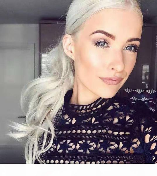 

silver gray hair ponytail extension silver grey afro bun or puff loose wave drawstring human hair ponytails clip in real hair selling, Black