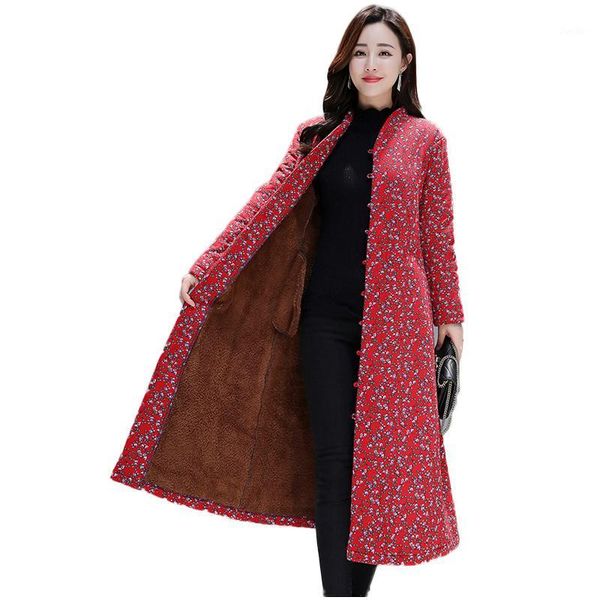 

women winter coat parkas casual floral print cotton warm coat vintage pocket loose thick plus velvet plus size female outwear1, Black