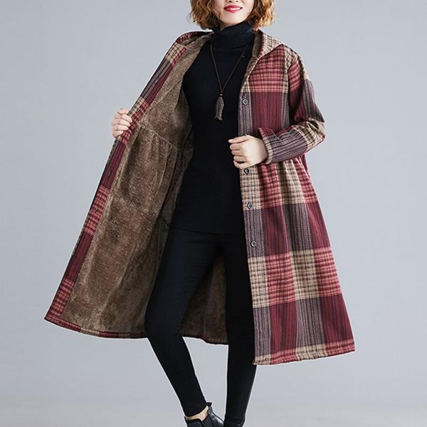 

2020 winter coats thicken fleece warm women coats hooded outwear long print plaid plus size winter clothes casual, Black