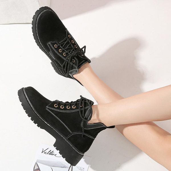 

boots women lace-up ankle student casual outside solid v-open riding botas creepers muffins non-slip shoes 34-43 plus size1, Black