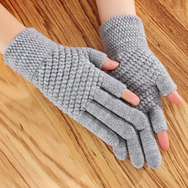 

five fingers gloves cashmere half-finger cycling mittens women winter warm thick knit wool fingerless writing touch screen driving gl, Blue;gray