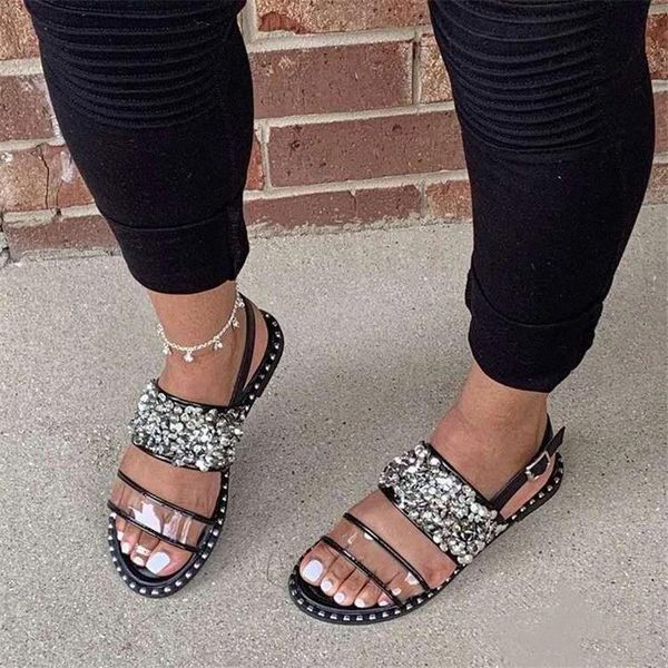 

cootelili woman sandals women 2020 fashion sequin decoration sandalias buckle basic flats 2020 new fashion womens sandal 35-42 #8e9w, Black