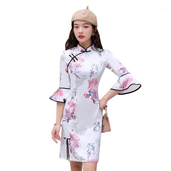 

shanghai story flare sleeve chinese cheongsasm dress knee length qipao dresses for women 2 color1, Red