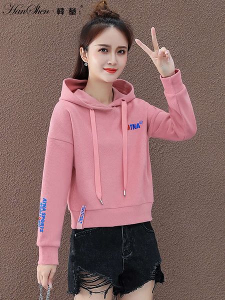 

short high waisted women's loose korean version spring and autumn winter 2020 new pullover thin hooded foreign style top, Black