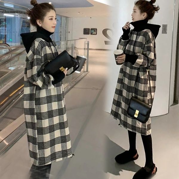 Manga longa vestido feminino moda hoodie solto estilo casacos plus tamanho pulôver design para jovens meninas e estudantes xadrez padrão T200904